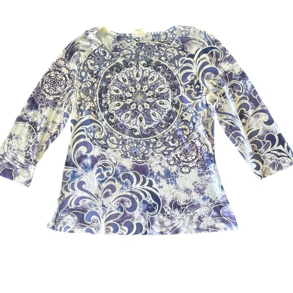 JM Collection Purple Mandala Print 3/4 Sleeve Top Size L - Picture 1 of 5